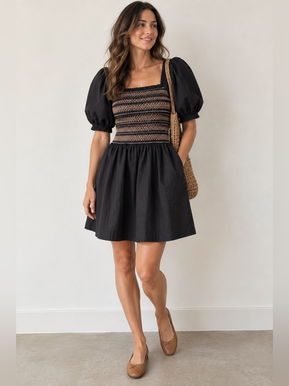 Madewell Black and Gold Smocked Mini Dress - M
